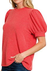 PUFF SLEEVE TWO TONE RIBBED TOP