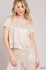 SEQUIN SHORT SLEEVE TOP WITH SEQUIN FRINGE DETAIL