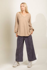 ELASTIC WAIST SOFT CORDUROY WIDE LEG PANTS WITH FRONT SEAM DETAIL