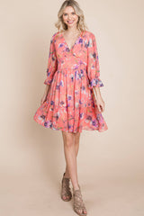 3/4 SLEEVE FLORAL CHIFFON DRESS