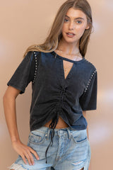 MINERAL WASH CINCHED FRONT TEE WITH STUD DETAIL