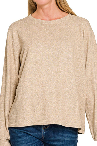 CURVY LONG SLEEVE SOFT MELANGE HACCI ROUND NECK TOP