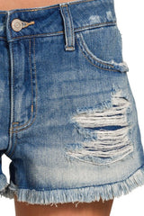 MIDRISE DISTRESSED DENIM SHORTS WITH RAW HEM