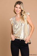 FLUTTER SLEEVE FOIL CHEVRON PRINT TOP