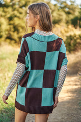 MULTICOLOR CHECKERED V NECK OVERSIZED SWEATER VEST