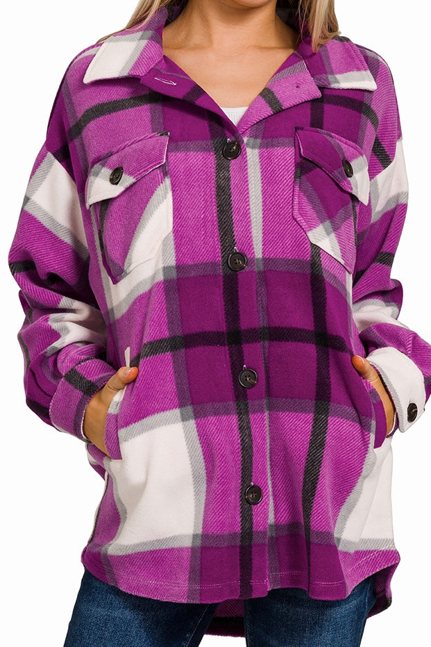 LONG SLEEVE BRUSHED PLAID BUTTON DOWN TOP