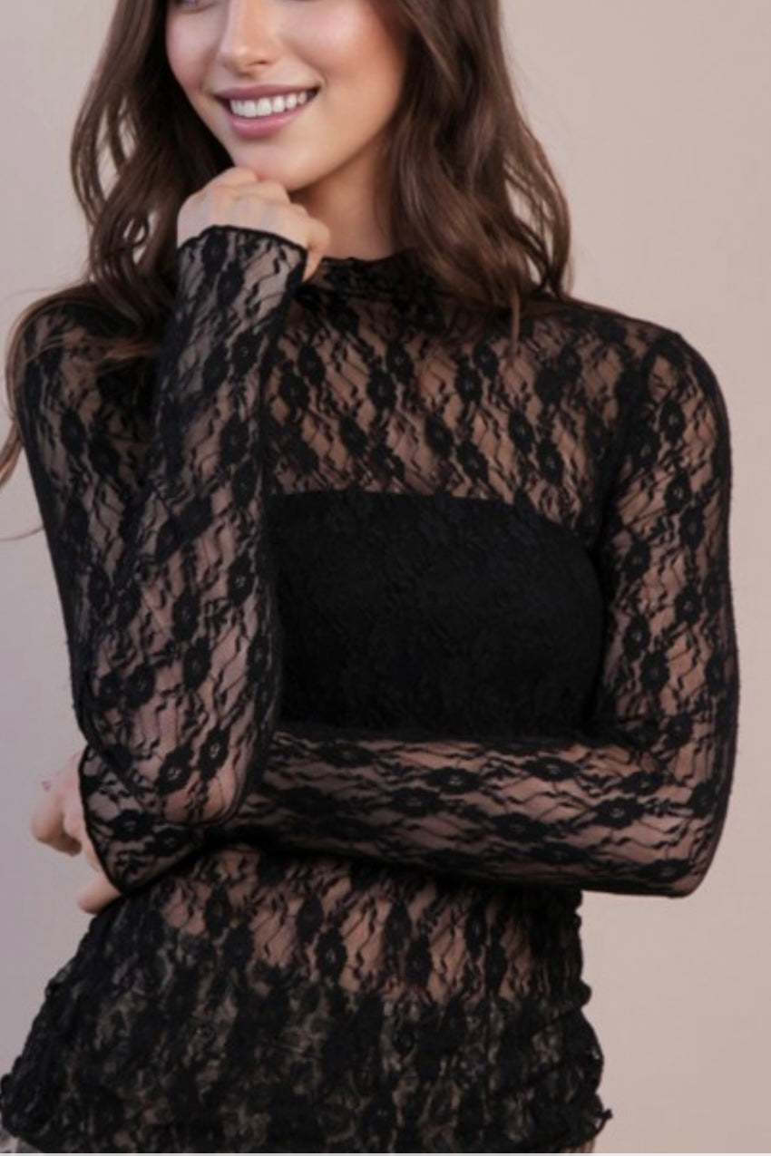 CURVY LONG SLEEVE LACE MESH TOP