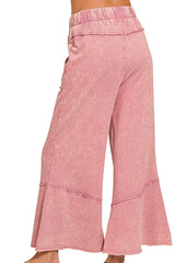MINERAL WASH ELASTIC WAIST PANTS WITH PIECED HEM DETAILS