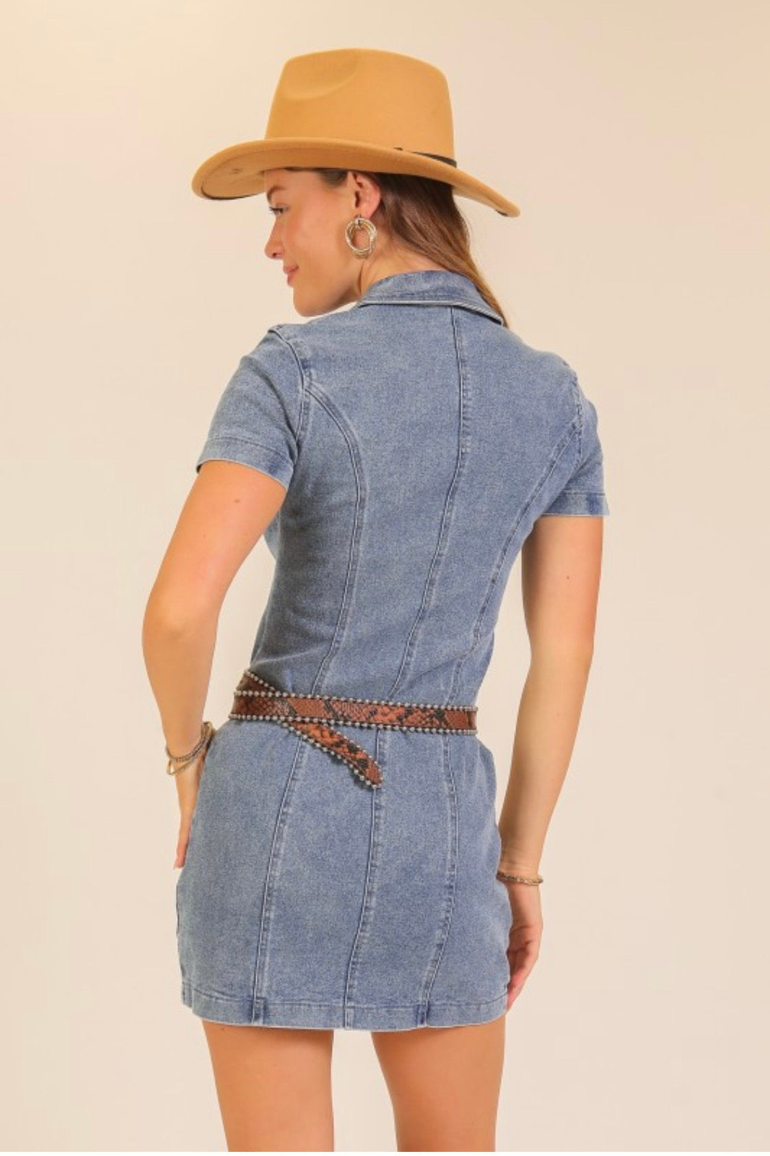 SHORT SLEEVE ZIPPER FRON COLLARED DENIM DRESS