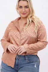 CURVY LONG SLEEVE LEOPARD PRINT SATIN BUTTON DOWN TOP