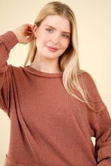 LONG BUBBLE SLEEVE DROPPED SHOULDER PULLOVER WITH TWO TONE RIBBED DETAIL