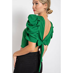 PLEATED PUFF SLEEVE TOP WITH OPEN BACK