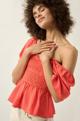 PUFF SLEEVE SQUARE NECK CHIFFON TOP WITH SMOCKED BODICE