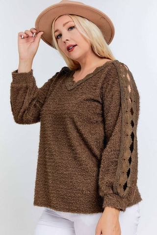 CURVY FUZZY V NECK LONG SLEEVE SWEATER WITH CROCHET SLEEVE DETAIL