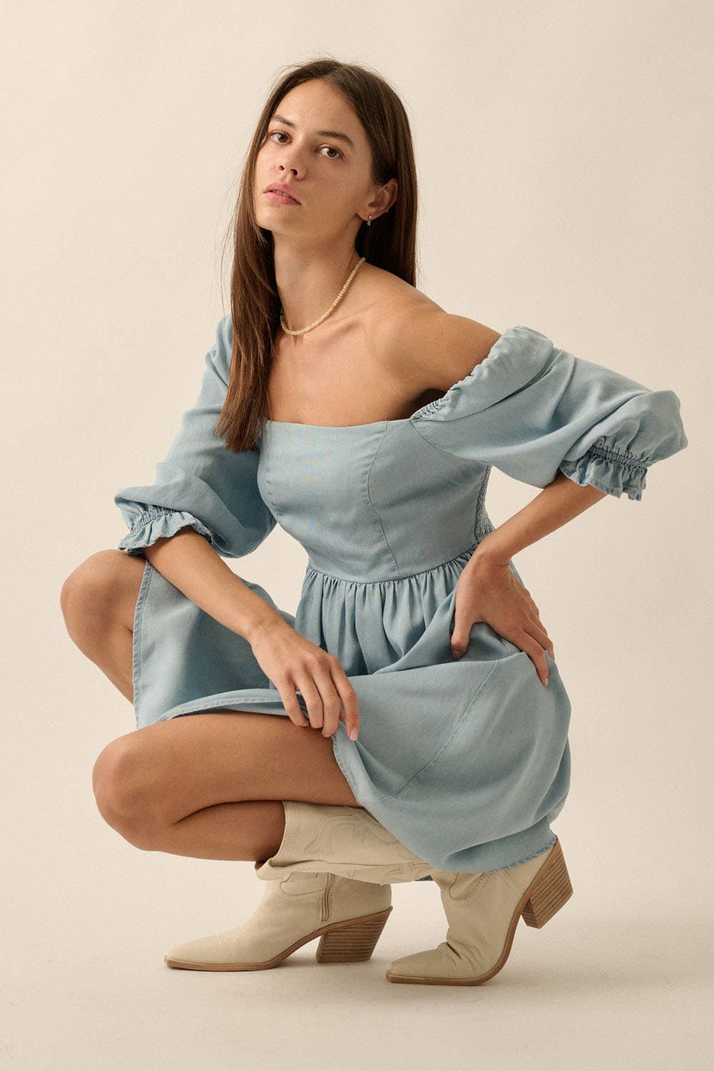 DENIM 3/4 SLEEVE SQUARE NECK DRESS WITH SMOCKED BACK