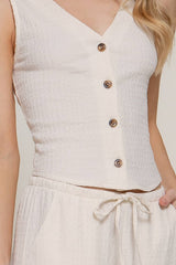 V-Neck Button Closure Vest & Long Pants Set