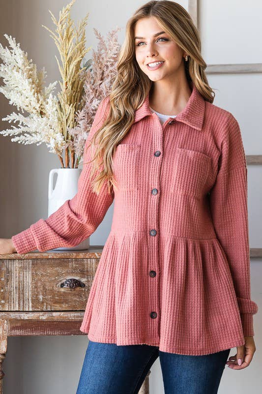 LONG SLEEVE BRUSHED WAFFLE KNIT BUTTON DOWN TOP