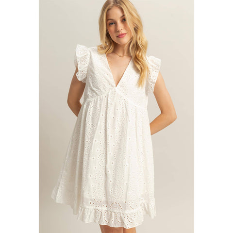 FLUTTER SLEEVE VNECK EYELET DRESS