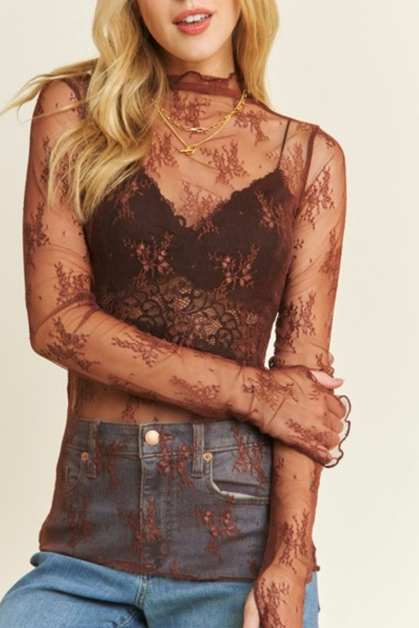 LONG SLEEVE SHEER MESH LACE TOP
