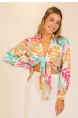 LONG SLEEVE TROPICAL PRINT TIE FRONT TOP