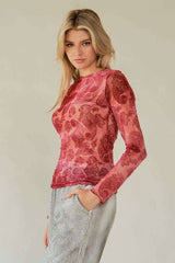 LONG SLEEVE MESH PAISLEY PRINT  TOP