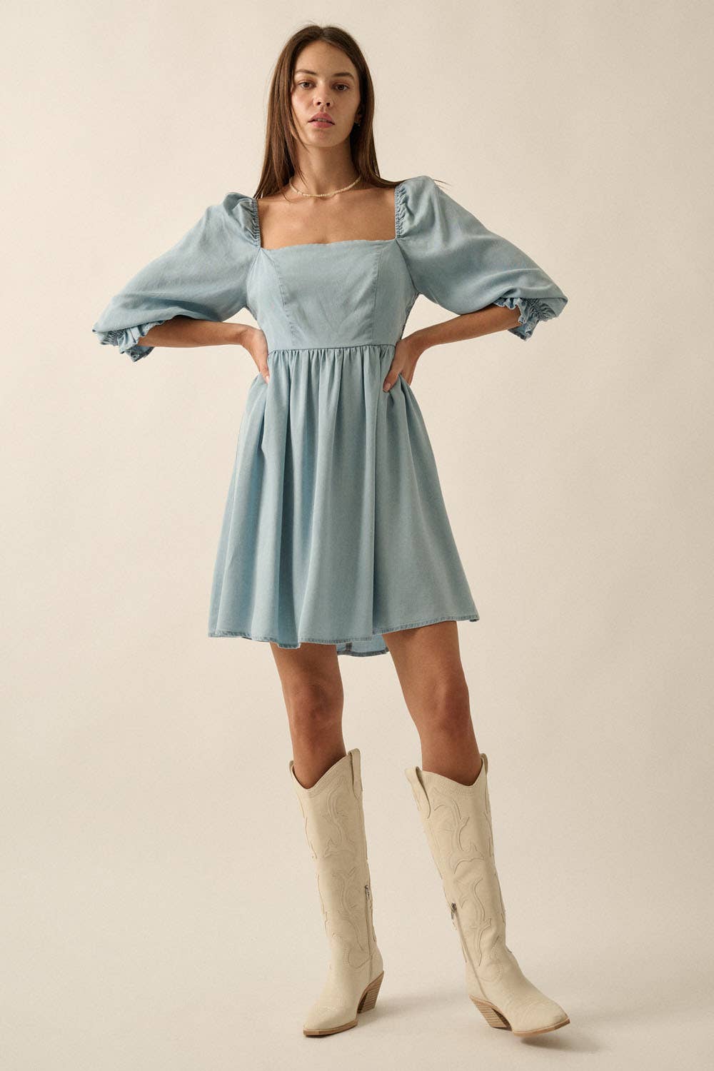 DENIM 3/4 SLEEVE SQUARE NECK DRESS WITH SMOCKED BACK