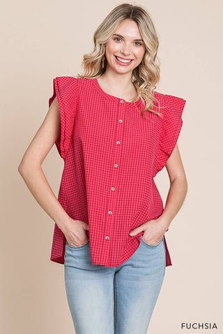 FLUTTER SLEEVE CHECKED BUTTON DOWN TOP