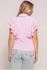 DOUBLE RUFFLE SLEEVED BUTTON DOWN TOP