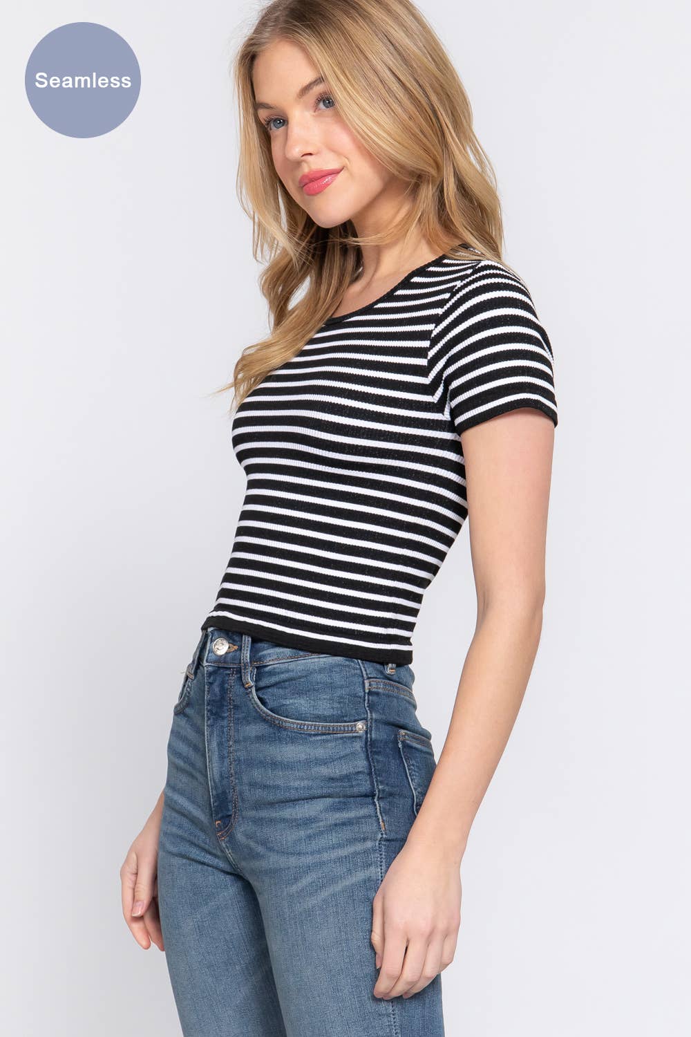Short Sleeve Crew Neck Stripe Seamless Rib Knit Top