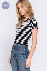 Short Sleeve Crew Neck Stripe Seamless Rib Knit Top