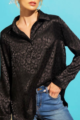 CURVY LONG SLEEVE LEOPARD PRINT SATIN BUTTON DOWN TOP