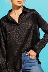 CURVY LONG SLEEVE LEOPARD PRINT SATIN BUTTON DOWN TOP