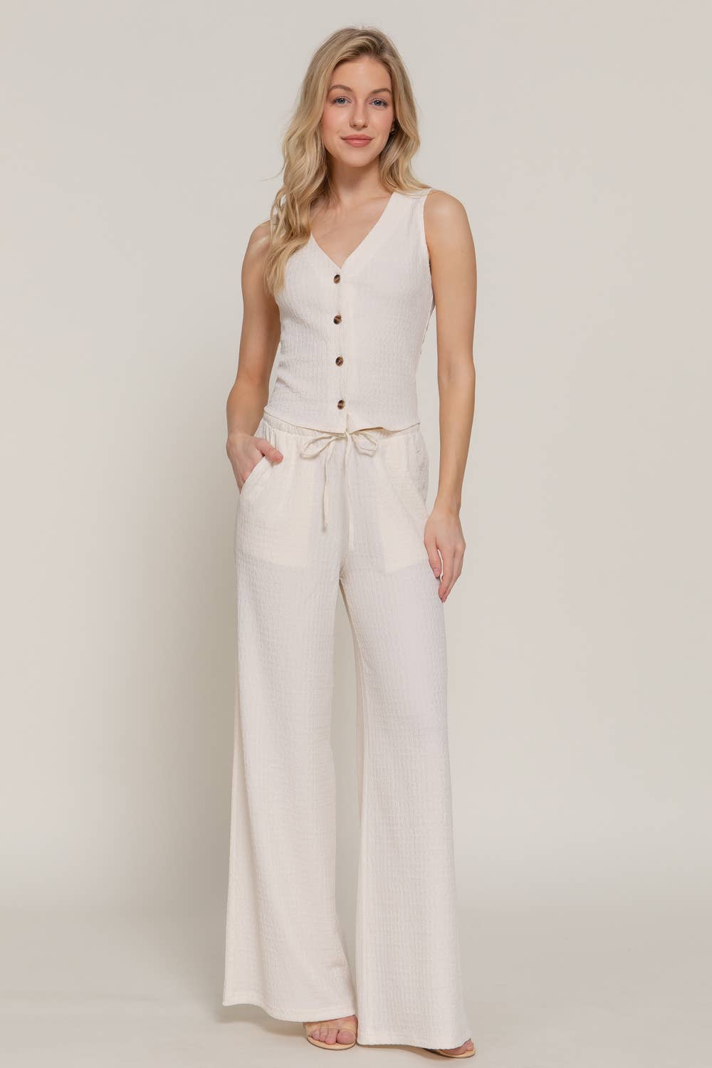 V-Neck Button Closure Vest & Long Pants Set