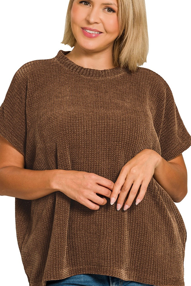 CURVY SHORT SLEEVE CHENILLE WAFFLE KNIT SWEATER