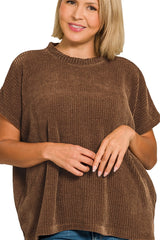 CURVY SHORT SLEEVE CHENILLE WAFFLE KNIT SWEATER