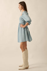 DENIM 3/4 SLEEVE SQUARE NECK DRESS WITH SMOCKED BACK