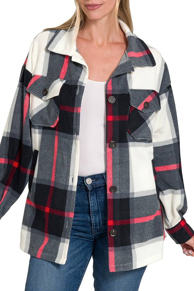 LONG SLEEVE BRUSHED PLAID BUTTON DOWN TOP
