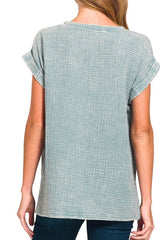 SHORT CUFFED SLEEVE ROUND NECK DOUBLE GAUZE MINERAL WASH TOP