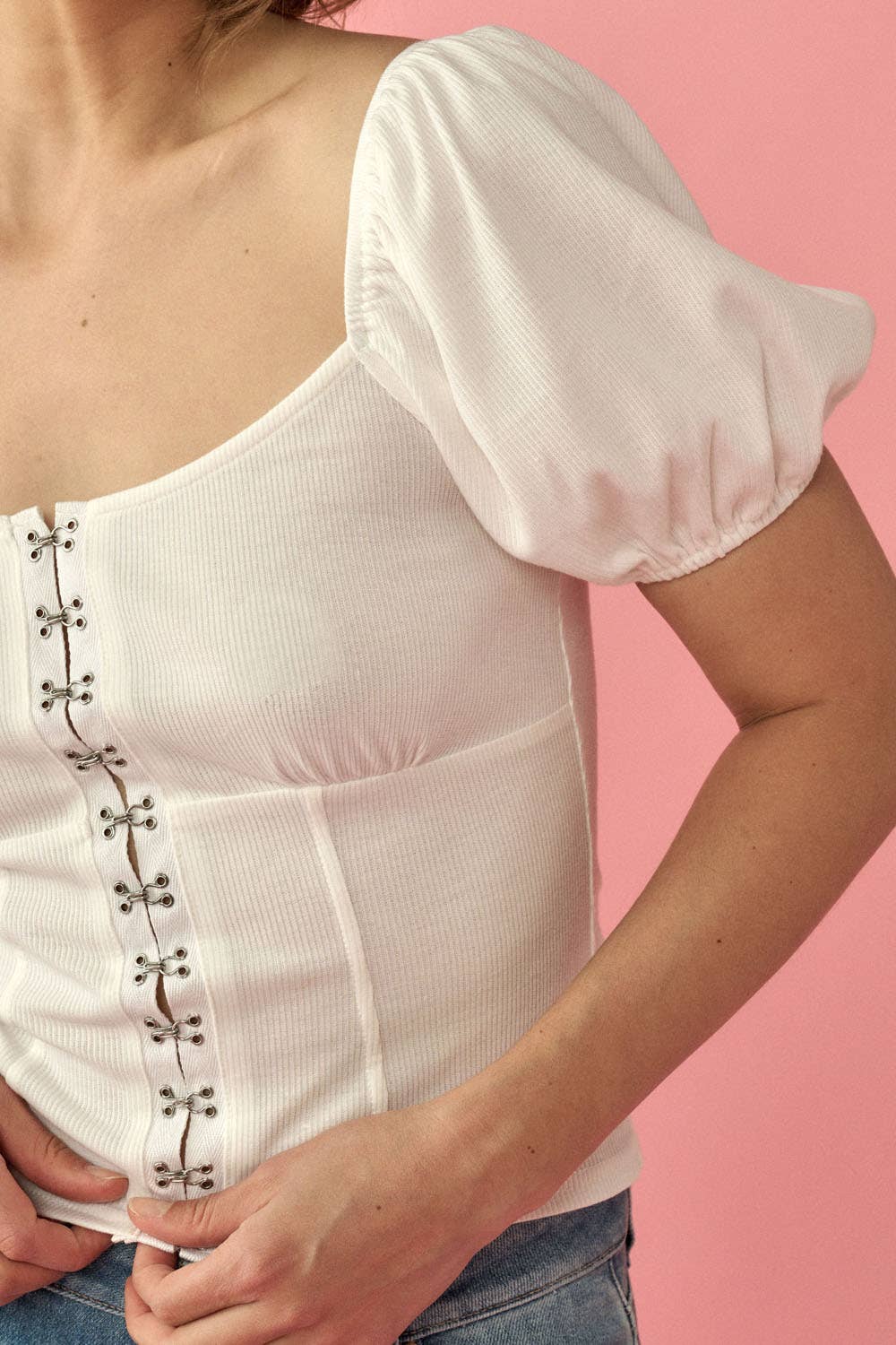 PUFF SLEEVE KNIT TOP WITH HOOK AND EYE DETAIL