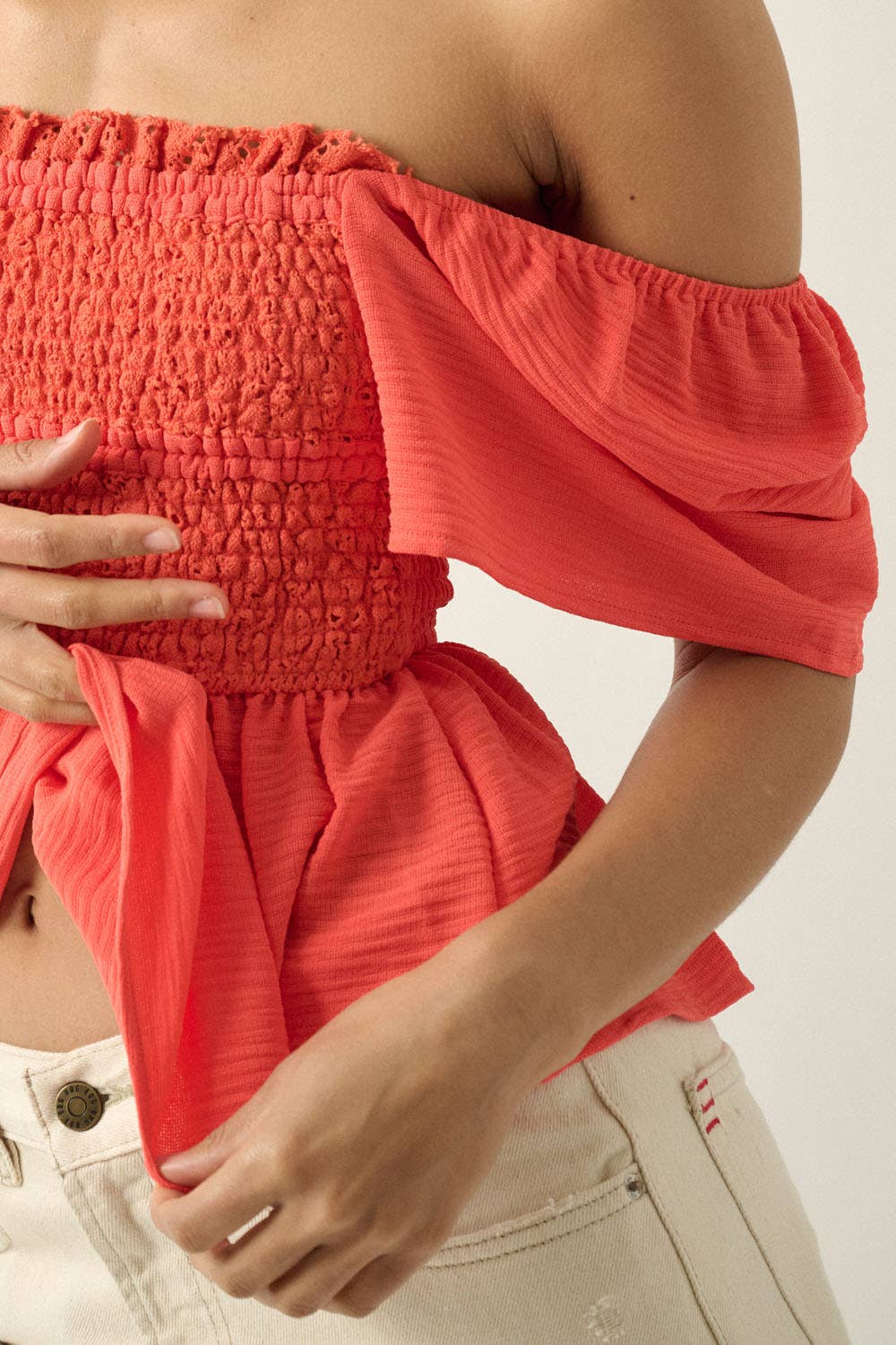 PUFF SLEEVE SQUARE NECK CHIFFON TOP WITH SMOCKED BODICE