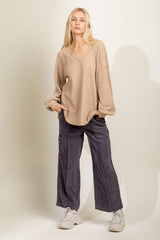 ELASTIC WAIST SOFT CORDUROY WIDE LEG PANTS WITH FRONT SEAM DETAIL