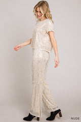 SEQUIN SHORT SLEEVE TOP WITH SEQUIN FRINGE DETAIL