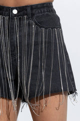 RHINESTONE FRINGE DENIM SHORTS