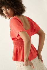 PUFF SLEEVE SQUARE NECK CHIFFON TOP WITH SMOCKED BODICE