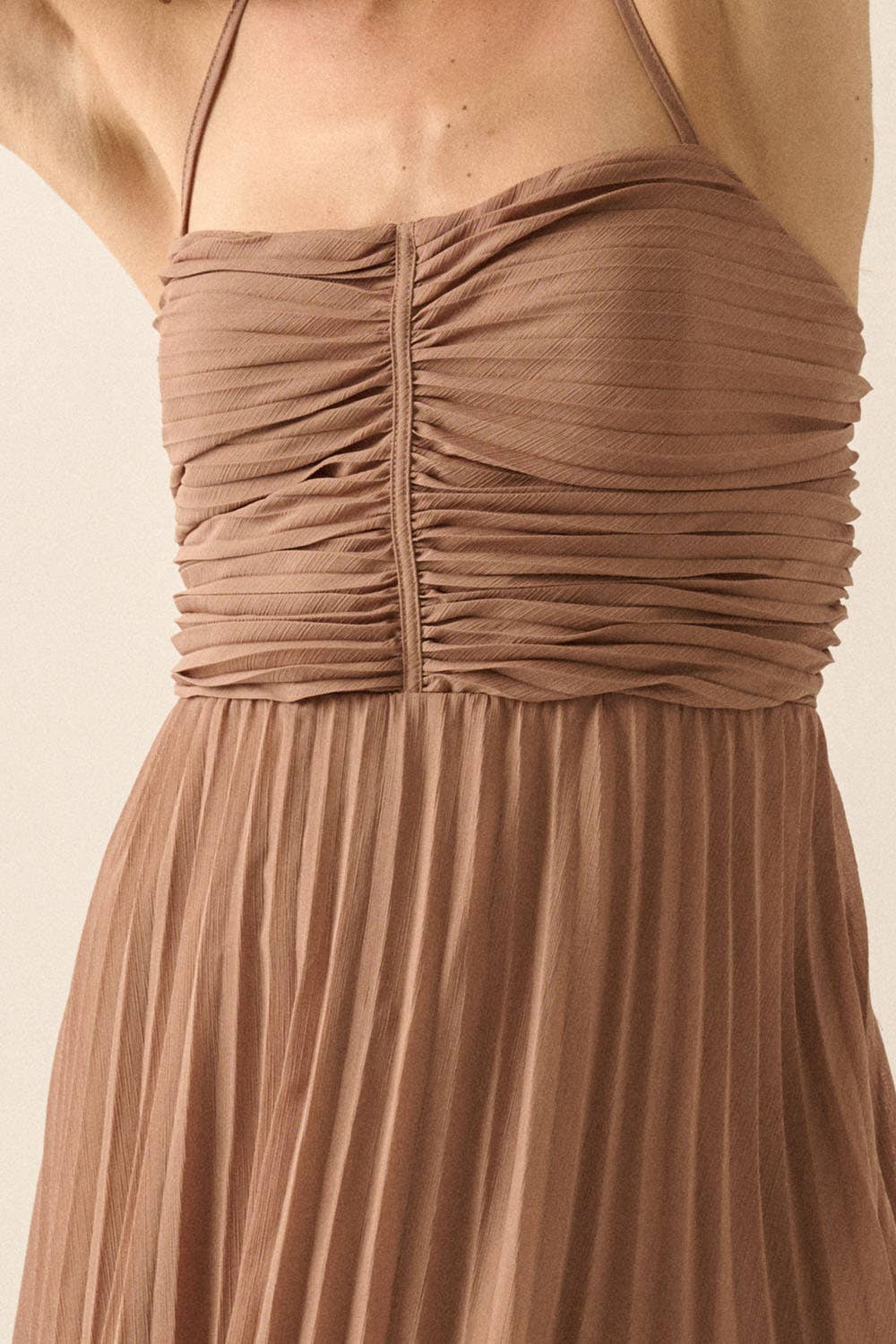 PLEATED HALTER DRESS WITH TIE BACK DETAIL