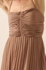 PLEATED HALTER DRESS WITH TIE BACK DETAIL