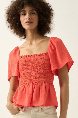 PUFF SLEEVE SQUARE NECK CHIFFON TOP WITH SMOCKED BODICE