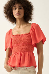 PUFF SLEEVE SQUARE NECK CHIFFON TOP WITH SMOCKED BODICE