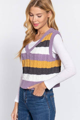 SLEEVELESSS VNECK STRIPED CABLE SWEATER VEST