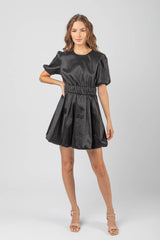 SHORT PUFF SLEEVE BUBBLE HEM DRESS WITH ELASTIC WAIST DETAIL